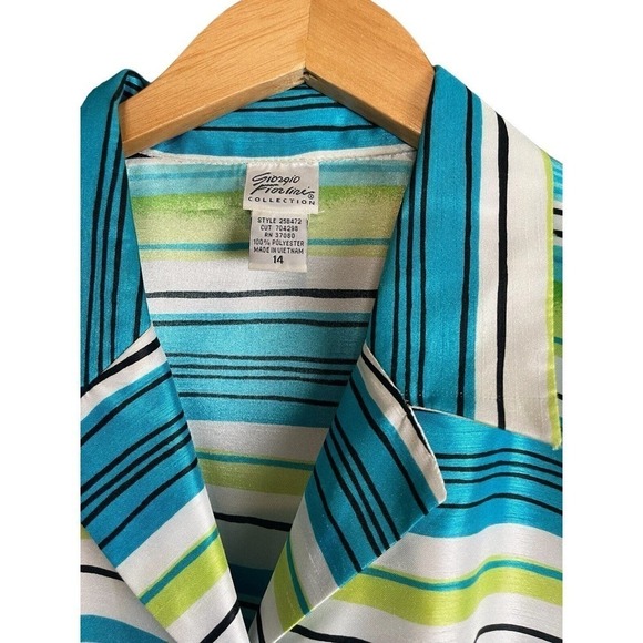 Giorgio Fiorline Stripe Blouse Size 14 Shiny Blue Green Button Front Vintage 90s - Picture 4 of 5